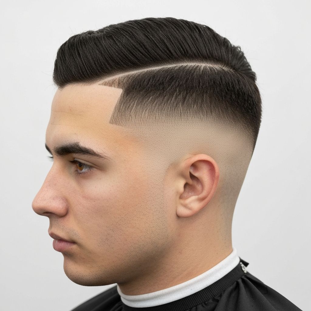 Skin fade with hard part